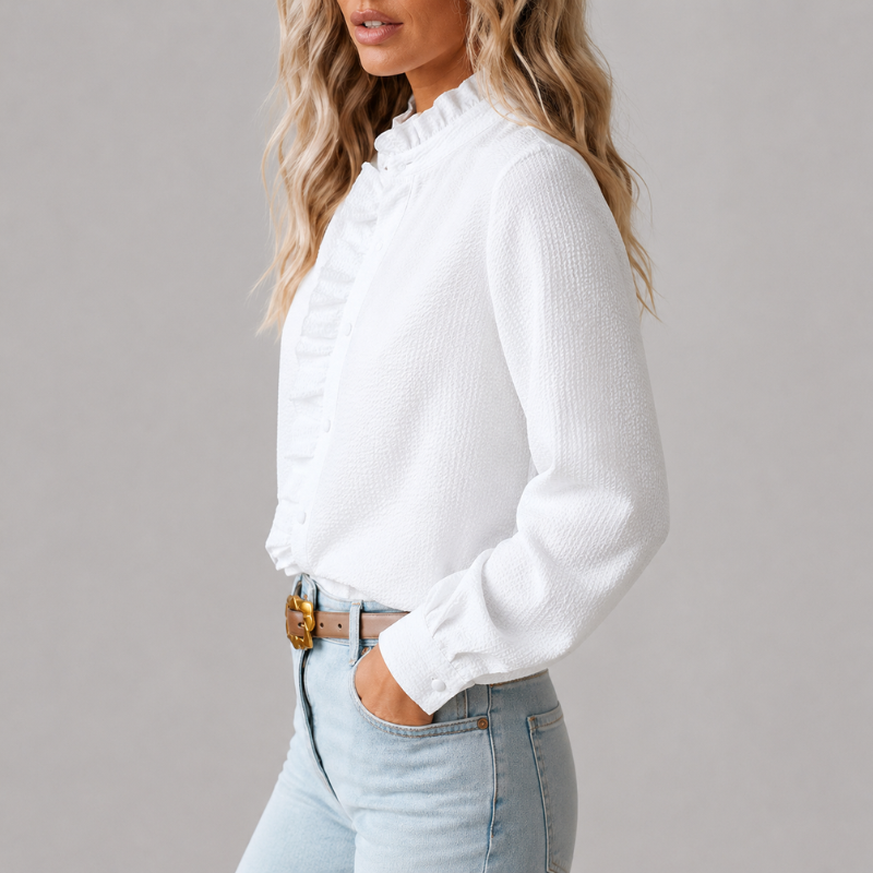 Women's Long Sleeve Button-Down Blouse with Ruffle Collar and Textured Weave