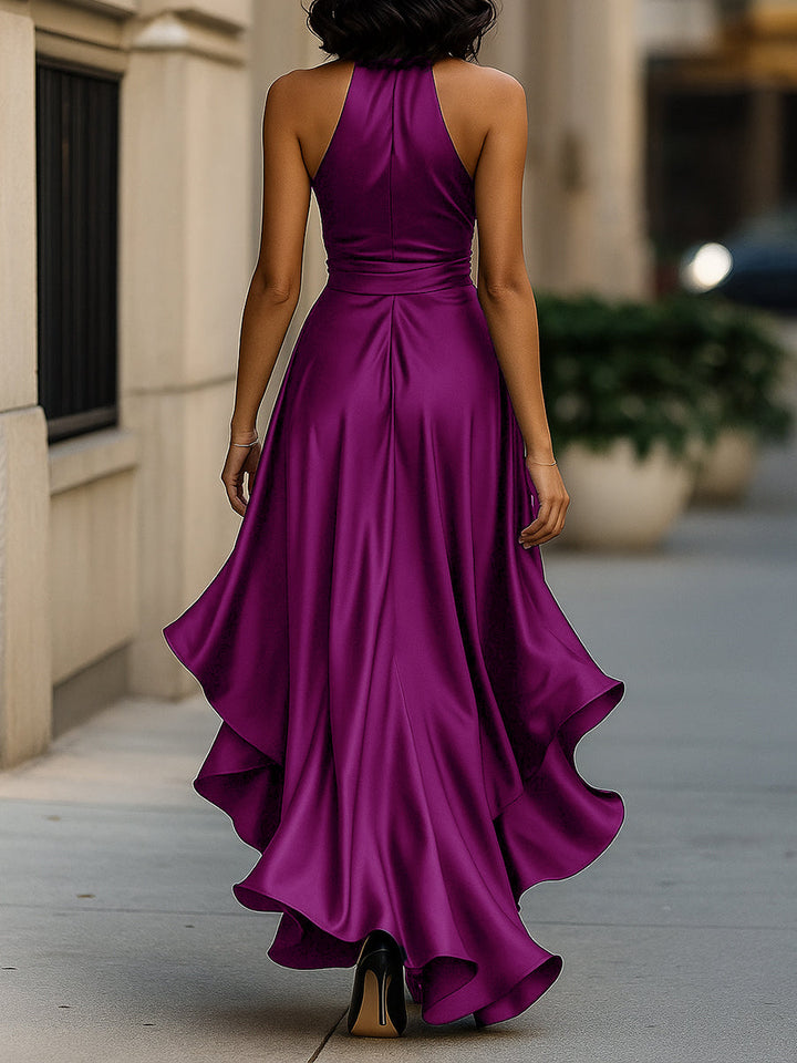 Women's Satin Halter Neck Bow Waist High-Low Ruffle Maxi Gown