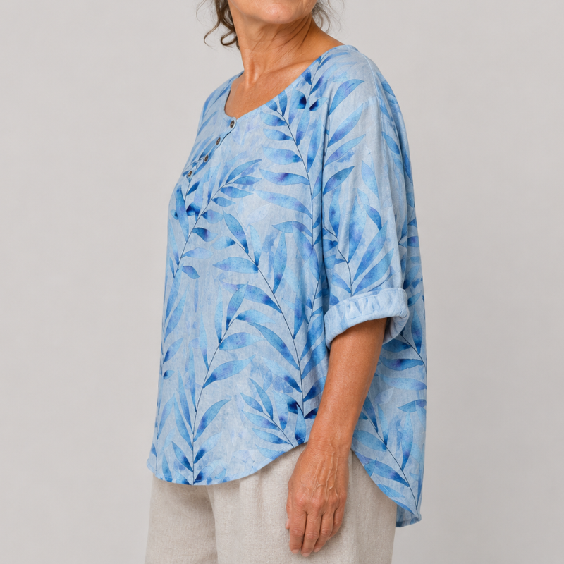 Women's Relaxed Fit Leaf Print Blouse with 3/4 Sleeves and Button Placket