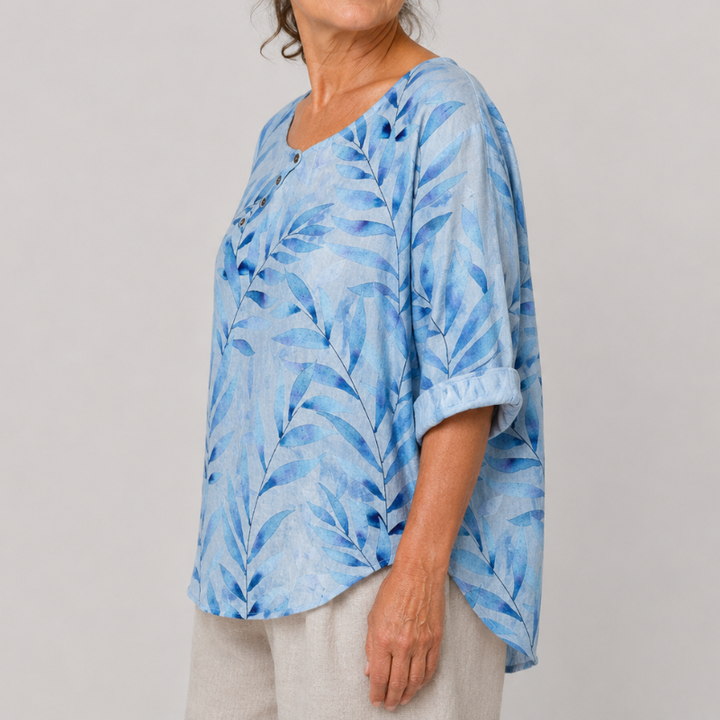 Women's Relaxed Fit Leaf Print Blouse with 3/4 Sleeves and Button Placket