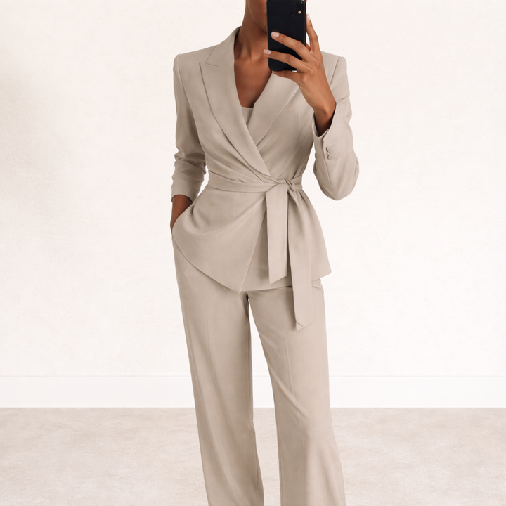 Women's Two-Piece Belted Wrap Blazer and Wide-Leg Trousers Suit