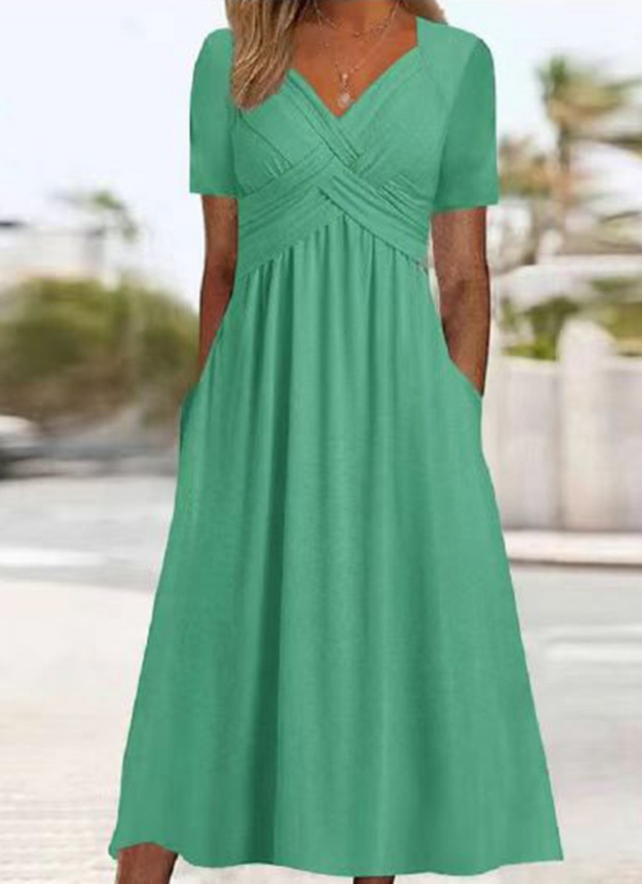 Women's Wrap V-Neck Midi Dress Short Sleeve Ruched Waist