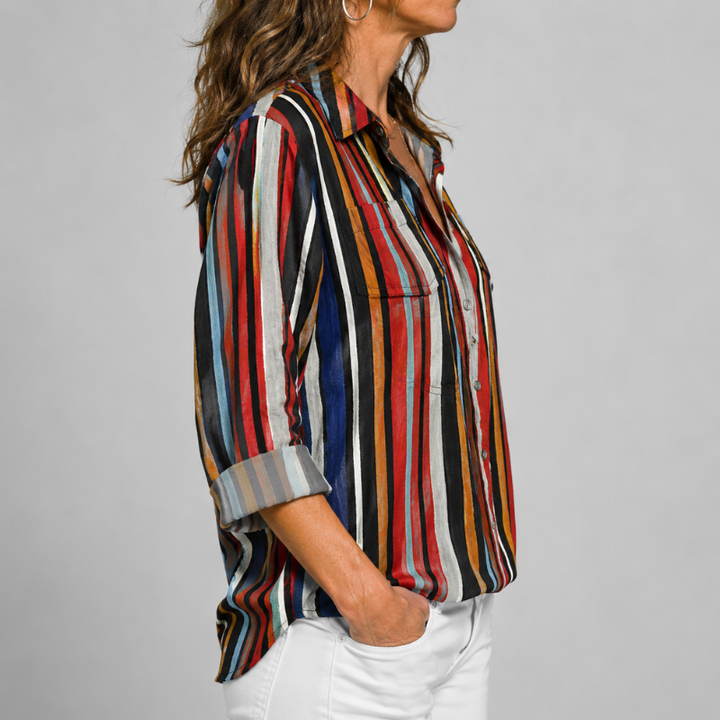 Women's Long Sleeve Button-Up Shirt with Printed Pattern and Rolled Cuffs