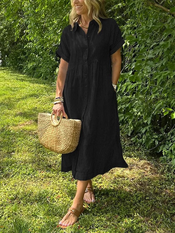 Women's Striped Button Up Midi Dress with Spread Collar and Gathered Waist