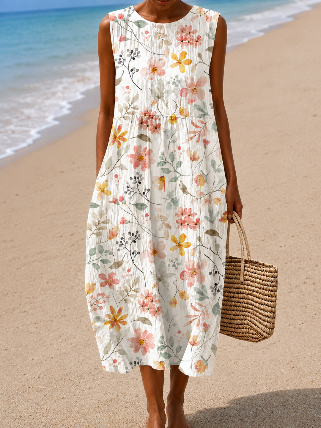 Women's Watercolour Floral Print Sleeveless Round Neck Midi Dress
