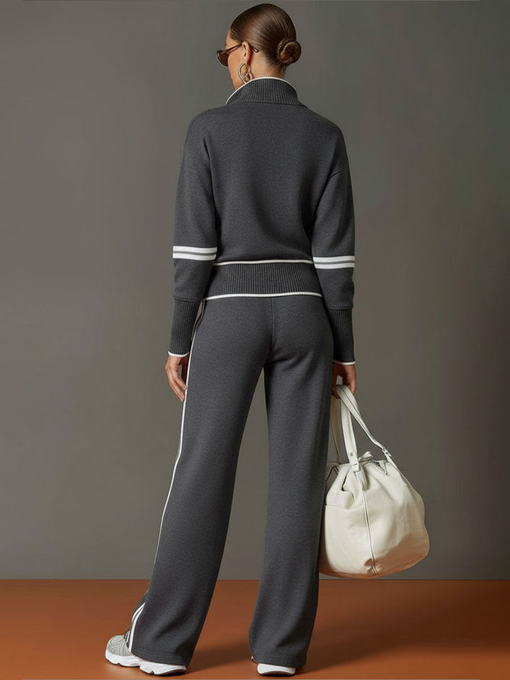 Women's Contrast Trim Half-Zip Jumper and Wide-Leg Trousers Set