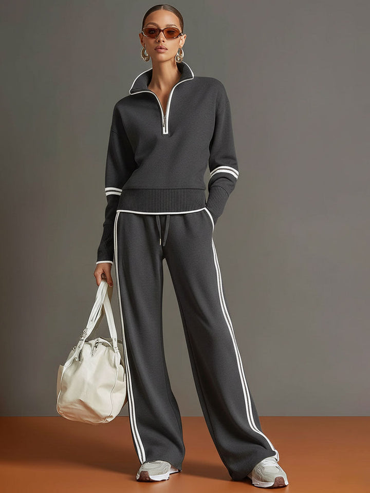 Women's Contrast Trim Half-Zip Jumper and Wide-Leg Trousers Set