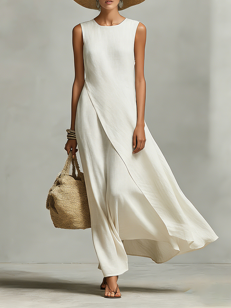 Women's Sleeveless Linen Summer Maxi Dress Asymmetric Draped Hem