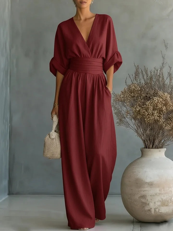 Linen Wide Leg Jumpsuit V-Neck Belted Waist Half Sleeve