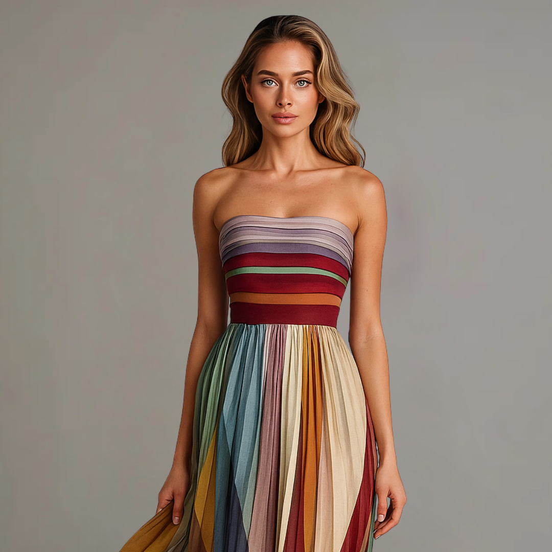 Women's Strapless Striped Pleated Maxi Dress Summer Wedding