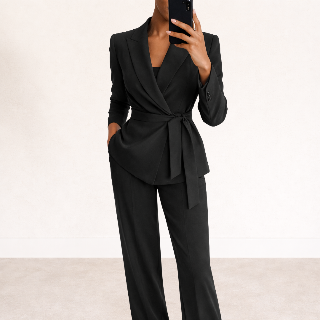 Women's Two-Piece Belted Wrap Blazer and Wide-Leg Trousers Suit