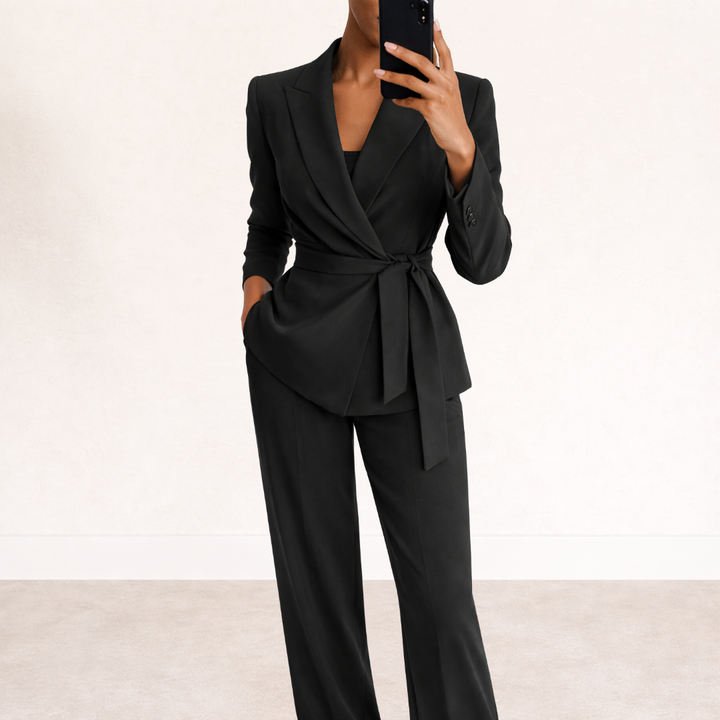Women's Two-Piece Belted Wrap Blazer and Wide-Leg Trousers Suit