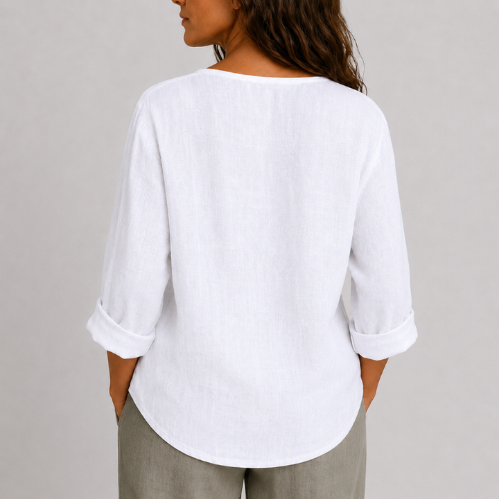 Women's V-Neck Blouse with Single Button Detail and Rolled Sleeves