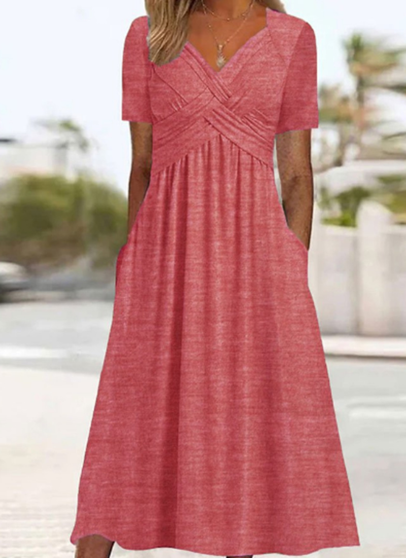 Women's Wrap V-Neck Midi Dress Short Sleeve Ruched Waist