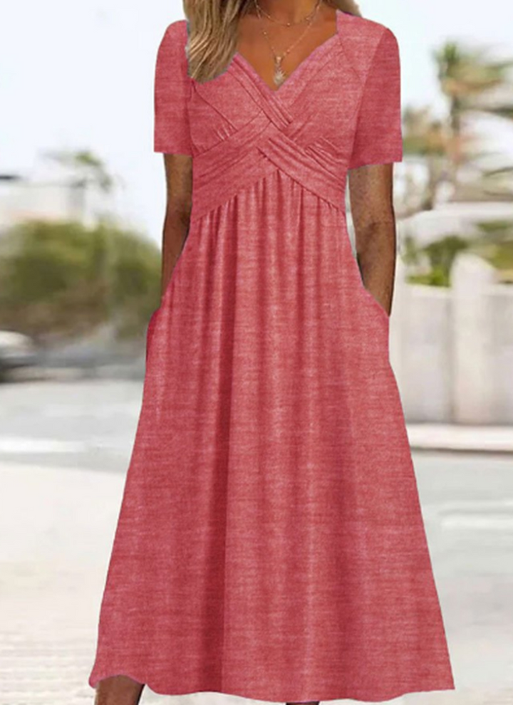 Women's Wrap V-Neck Midi Dress Short Sleeve Ruched Waist