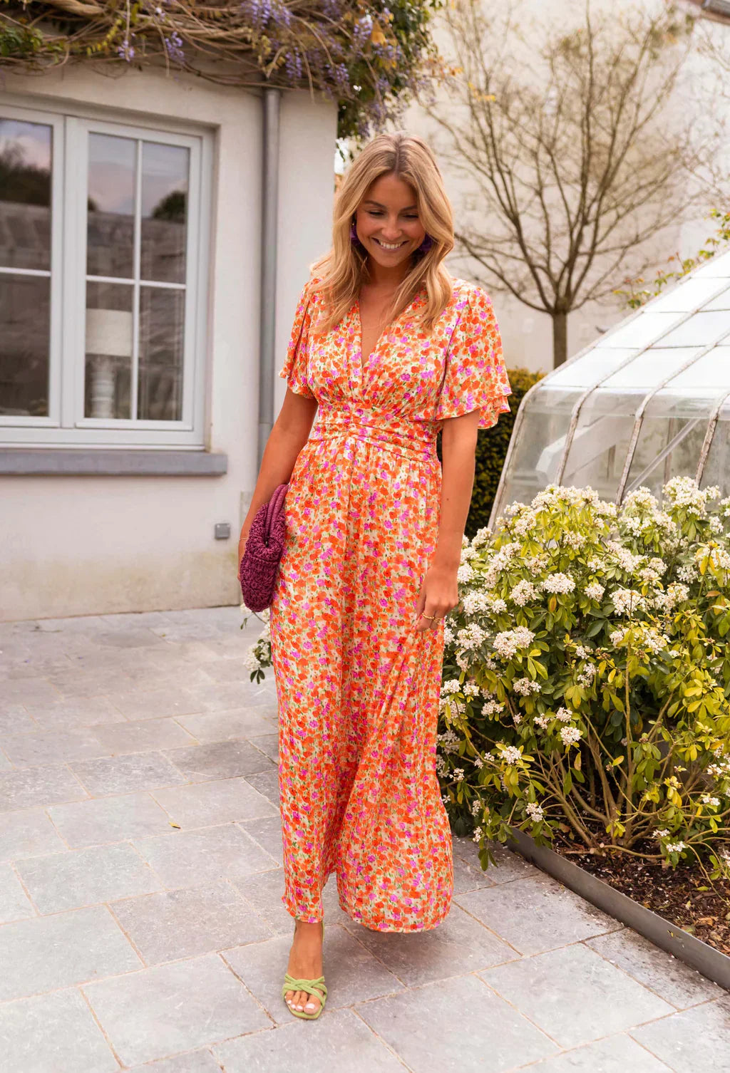 Floral Maxi Dress V-Neck Flutter Sleeve Ruched Waist