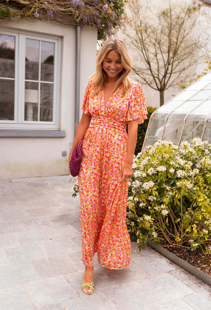 Floral Maxi Dress V-Neck Flutter Sleeve Ruched Waist