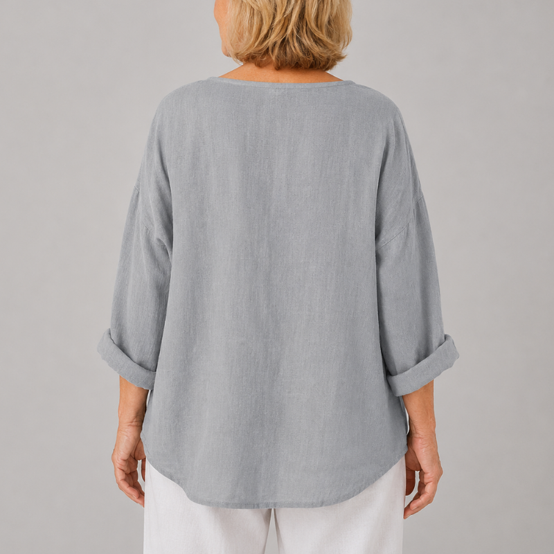 Women's Relaxed Fit V-Neck Blouse with 3/4 Sleeves and Button Front