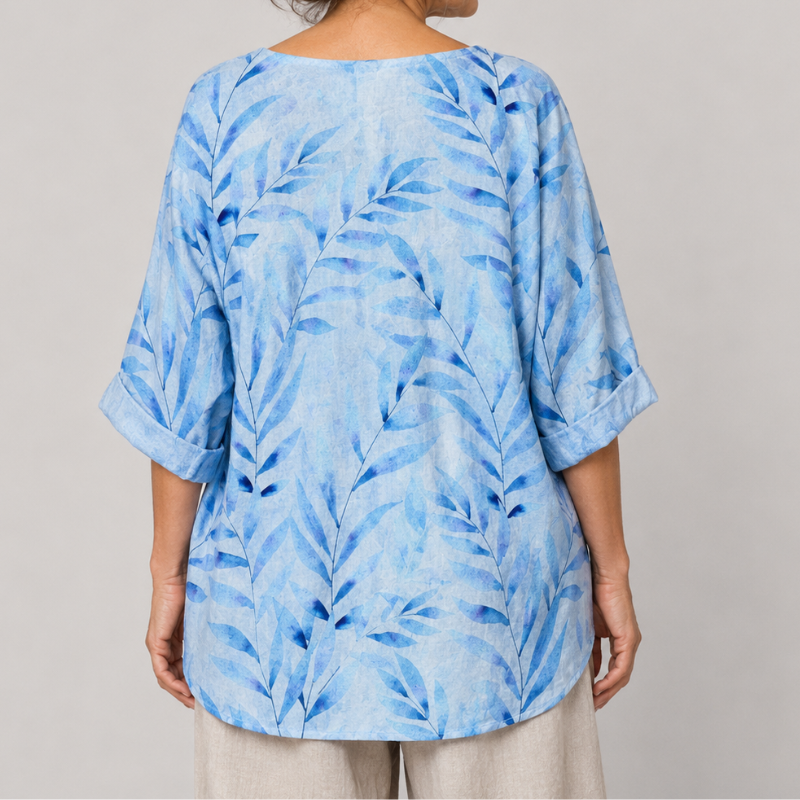 Women's Relaxed Fit Leaf Print Blouse with 3/4 Sleeves and Button Placket