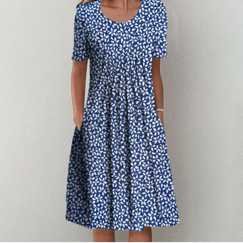 Women's Floral Print Short Sleeve Midi Dress with Gathered Bodice