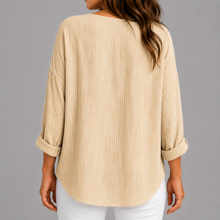 Women's Striped Relaxed Fit Top with Round Neck and Rolled Sleeves