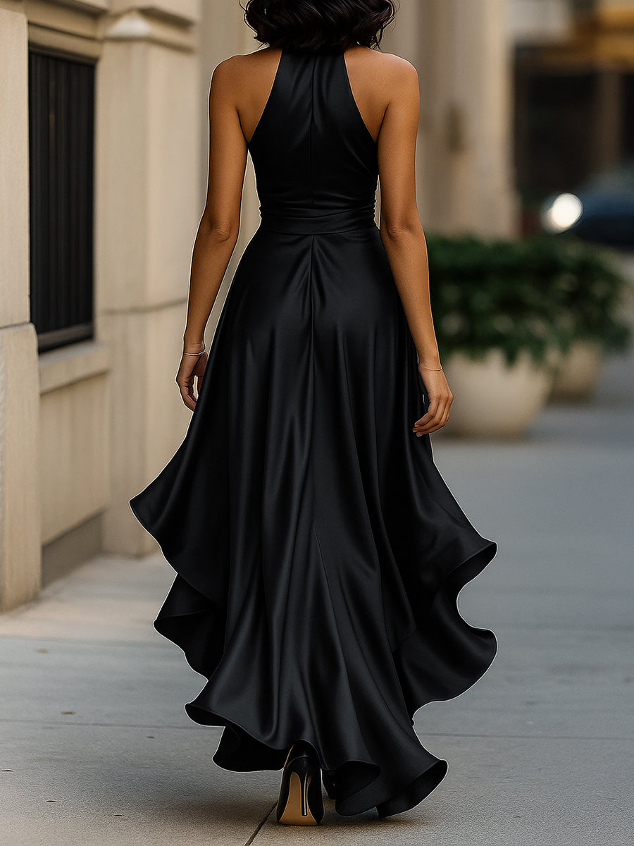 Women's Satin Halter Neck Bow Waist High-Low Ruffle Maxi Gown