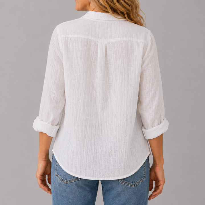 Women's Long Sleeve Button-Down Shirt with Lapel Detail and Curved Hem