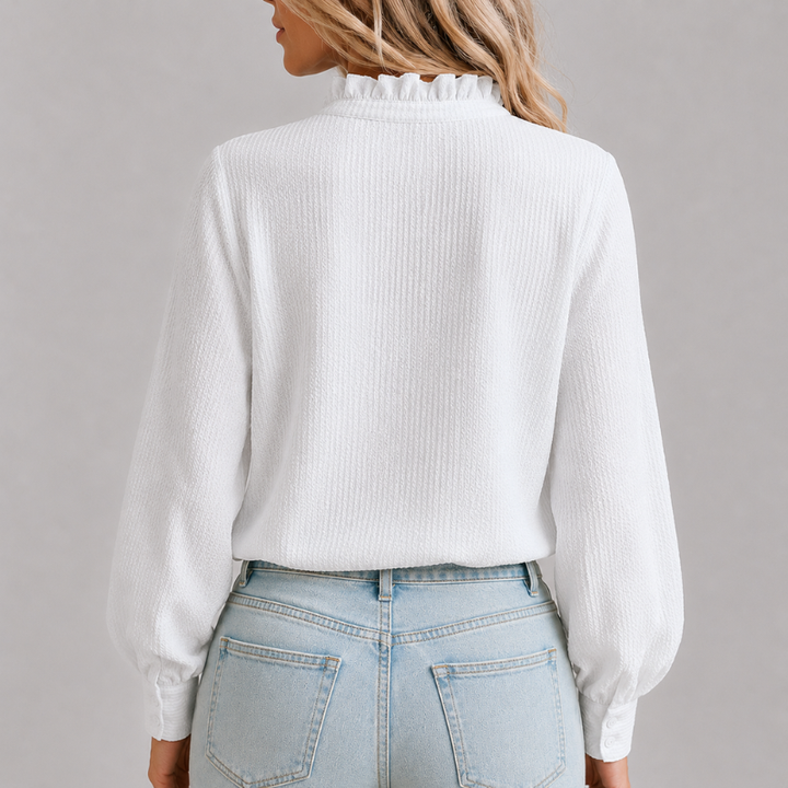 Women's Long Sleeve Button-Down Blouse with Ruffle Collar and Textured Weave