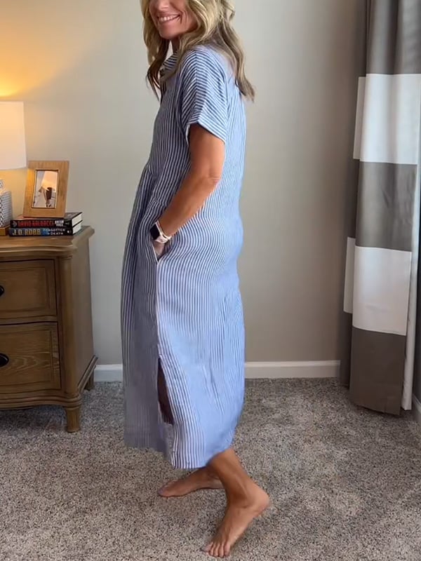 Women's Striped Button Up Midi Dress with Spread Collar and Gathered Waist