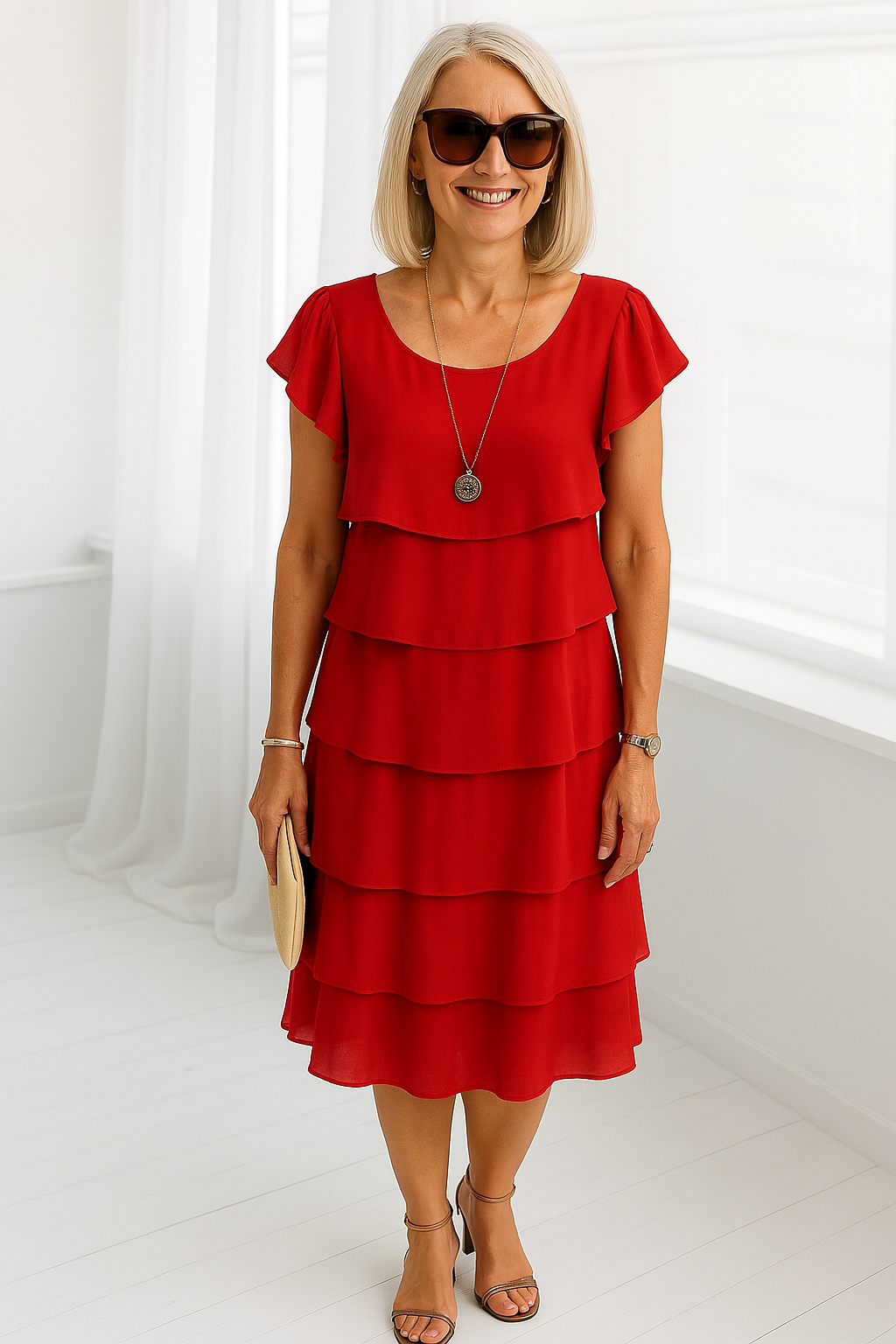 Women's Tiered Ruffle Short Sleeve Round Neck Midi Dress
