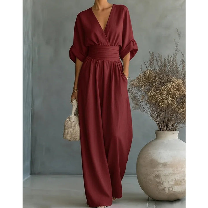 Linen Wide Leg Jumpsuit V-Neck Belted Waist Half Sleeve