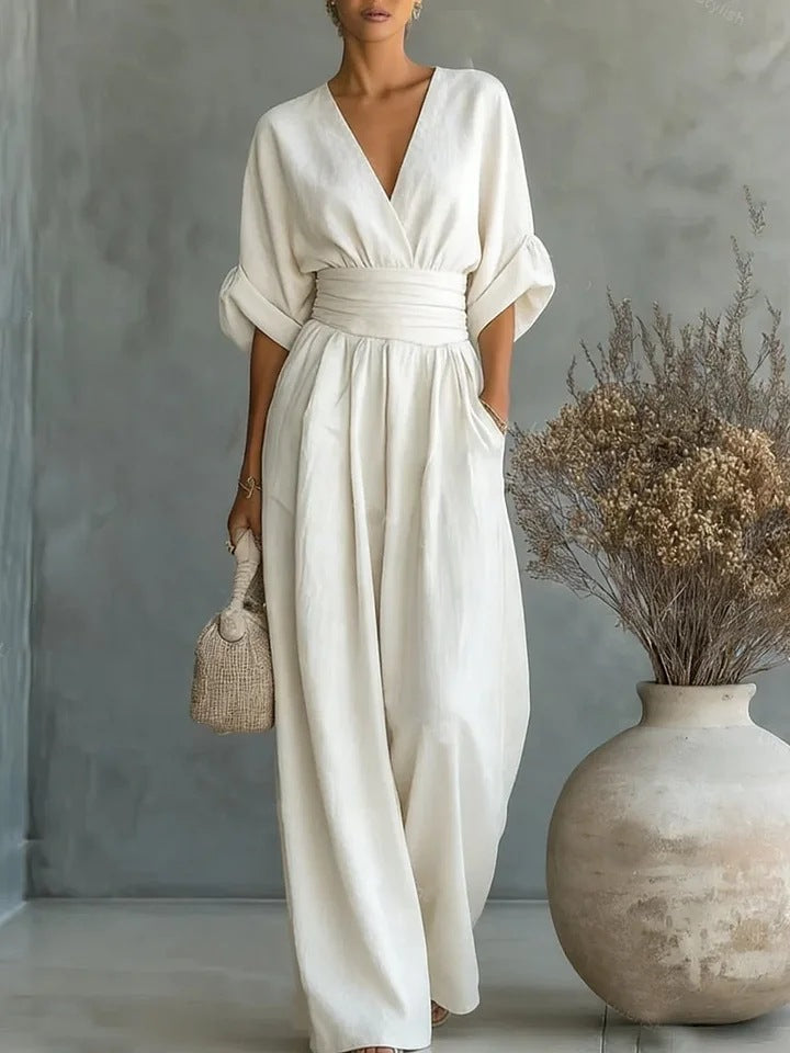 Linen Wide Leg Jumpsuit V-Neck Belted Waist Half Sleeve