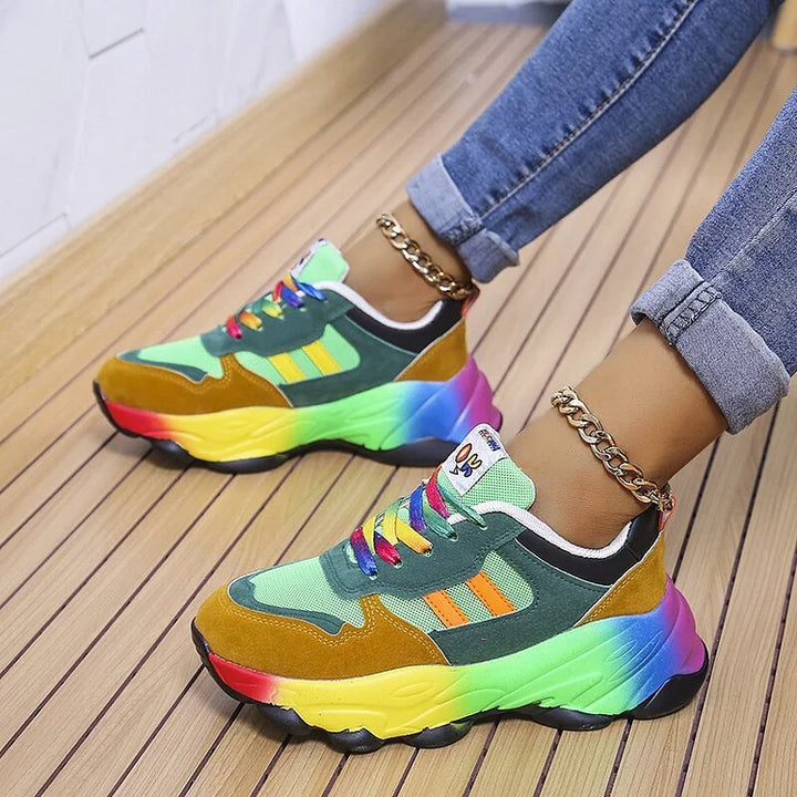 Women's Orthopedic Rainbow Colourblock Lace-Up Trainers