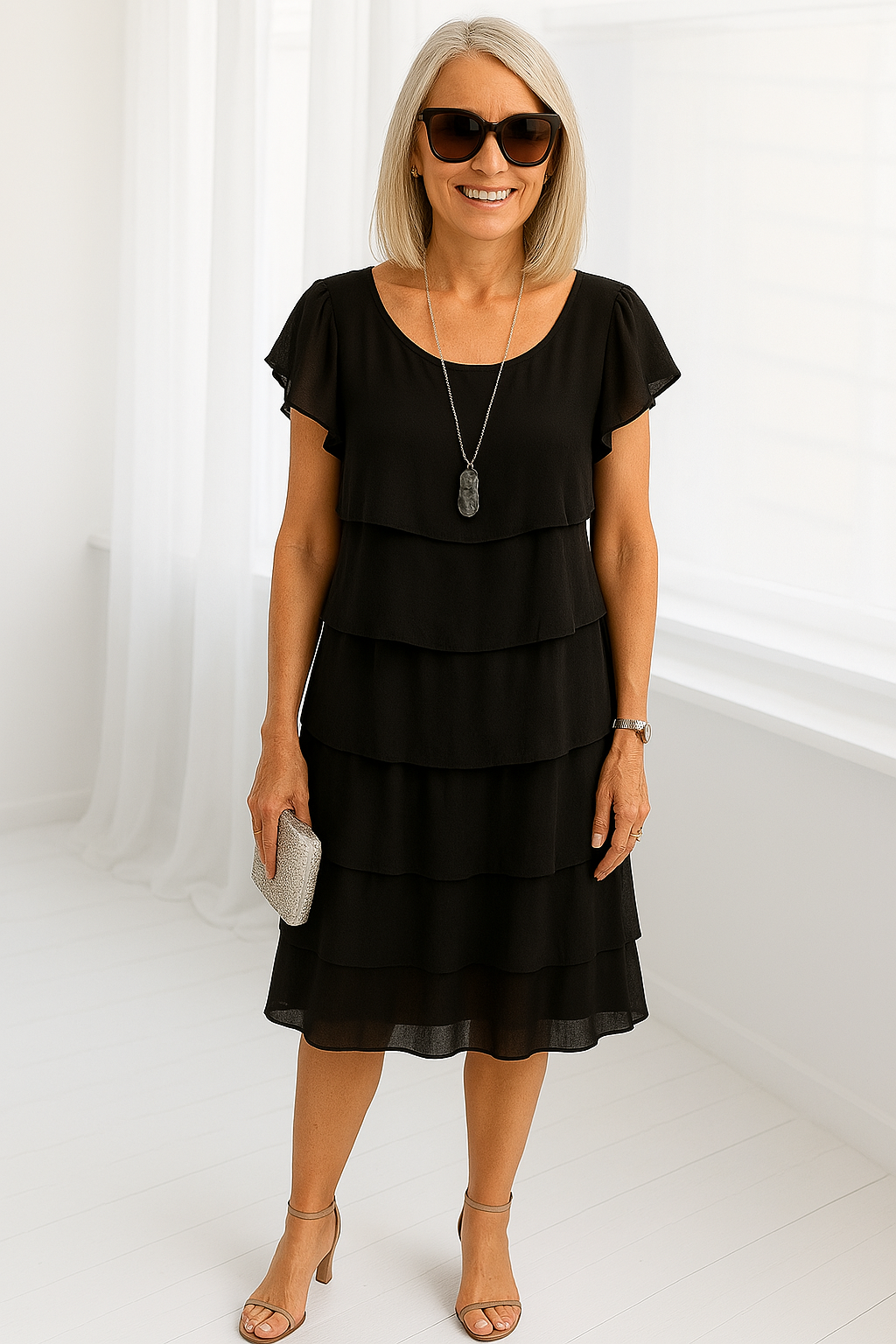 Women's Tiered Ruffle Short Sleeve Round Neck Midi Dress
