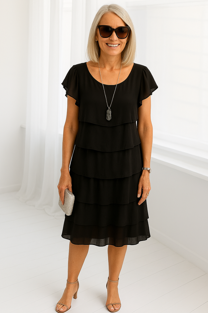 Women's Tiered Ruffle Short Sleeve Round Neck Midi Dress