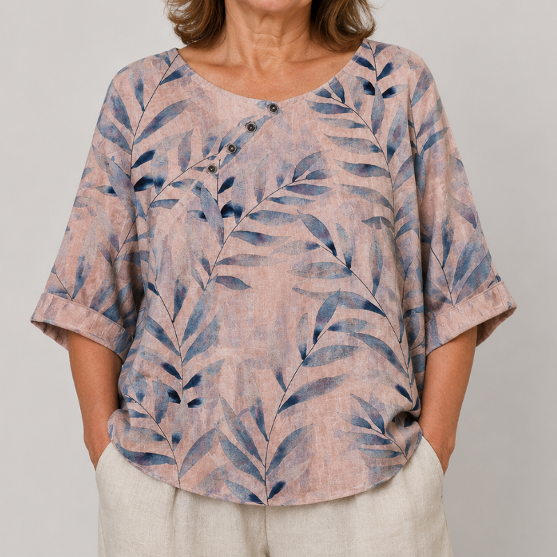 Women's Relaxed Fit Leaf Print Blouse with 3/4 Sleeves and Button Placket