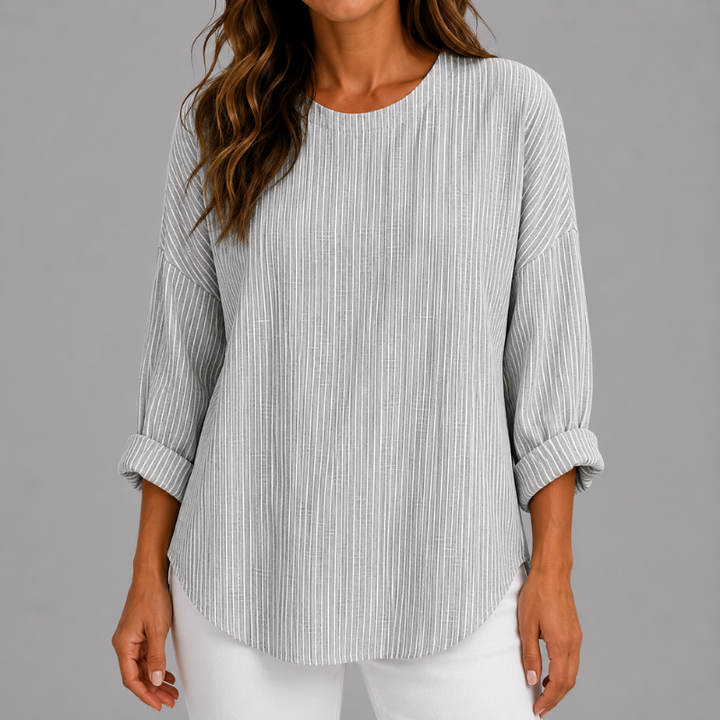 Women's Striped Relaxed Fit Top with Round Neck and Rolled Sleeves