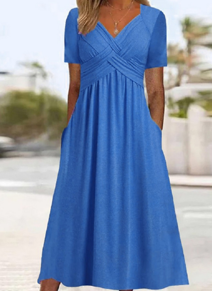 Women's Wrap V-Neck Midi Dress Short Sleeve Ruched Waist