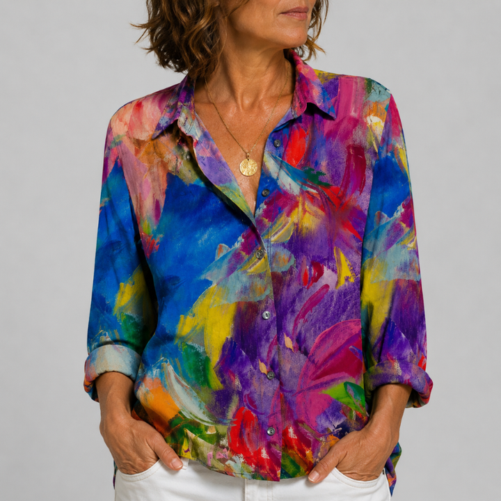 Women's Long Sleeve Button-Up Shirt with Printed Pattern and Rolled Cuffs