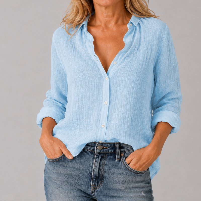 Women's Long Sleeve Button-Down Shirt with Lapel Detail and Curved Hem