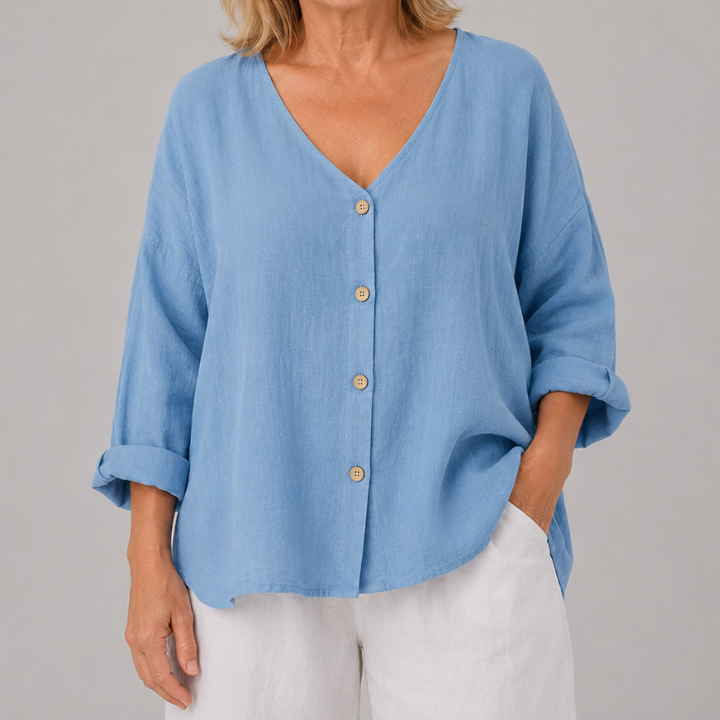 Women's Relaxed Fit V-Neck Blouse with 3/4 Sleeves and Button Front