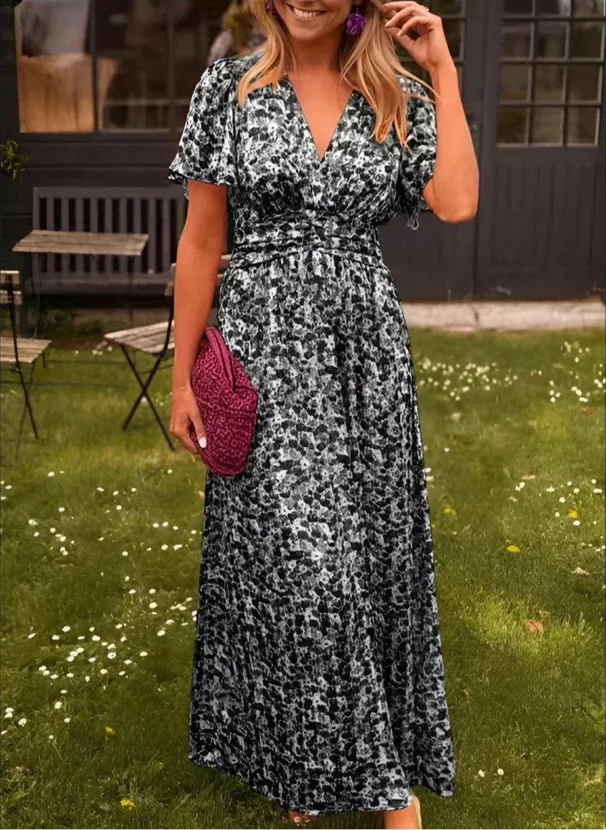Floral Maxi Dress V-Neck Flutter Sleeve Ruched Waist