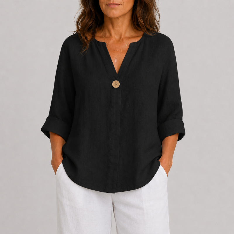 Women's V-Neck Blouse with Single Button Detail and Rolled Sleeves