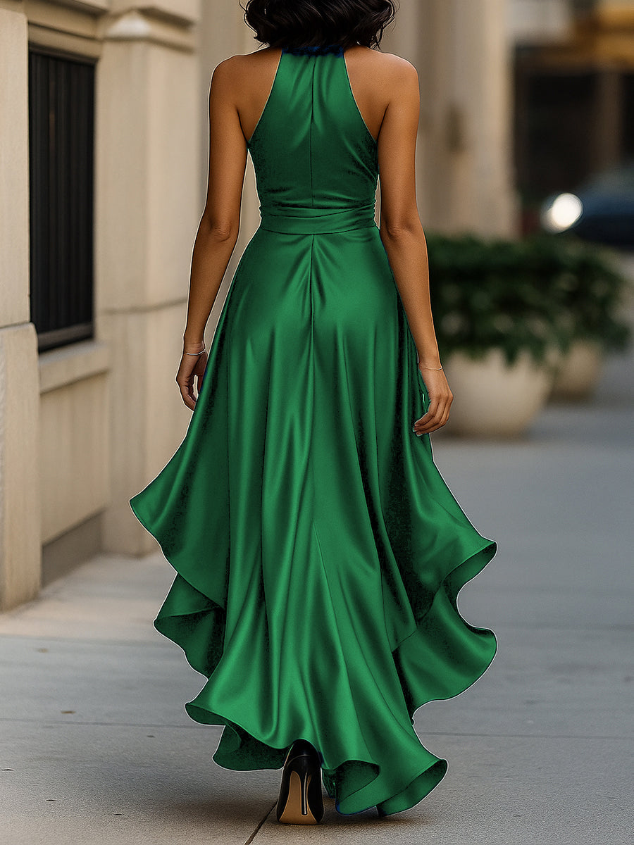 Women's Satin Halter Neck Bow Waist High-Low Ruffle Maxi Gown