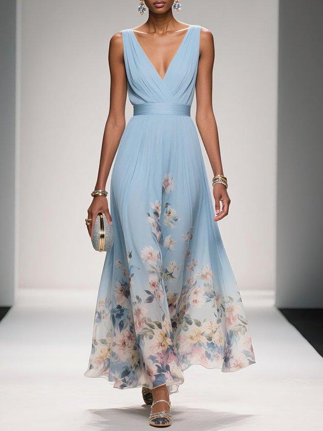 Women's Floral Print Wedding Guest Maxi Dress V-Neck