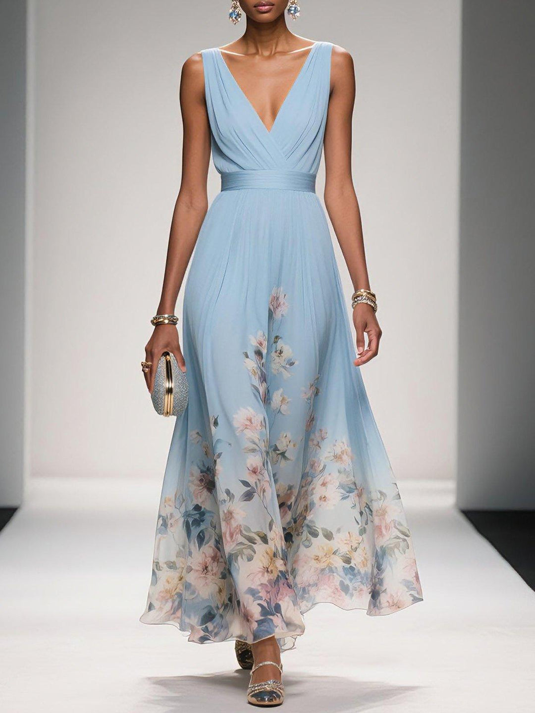 Women's Floral Print Wedding Guest Maxi Dress V-Neck