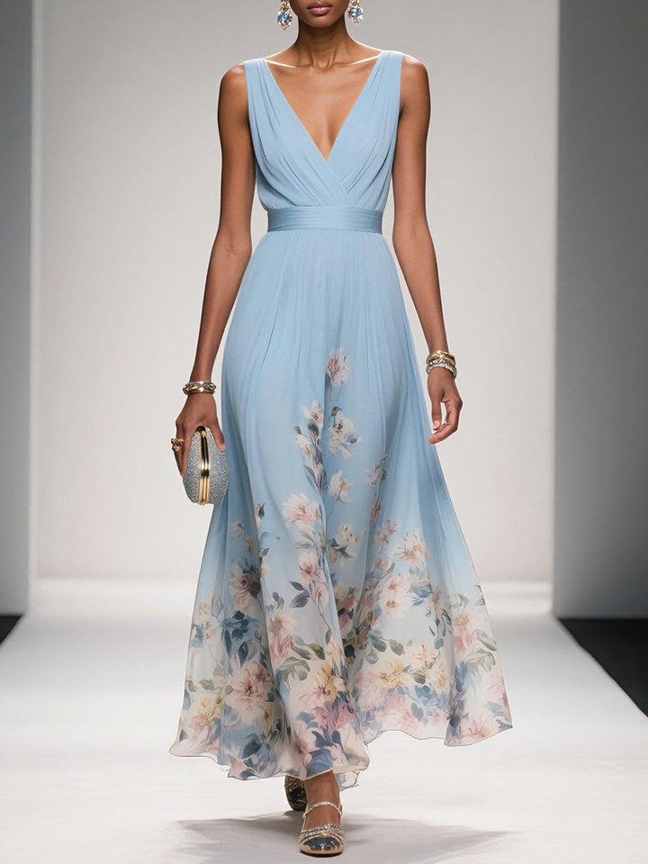 Women's Floral Print Wedding Guest Maxi Dress V-Neck