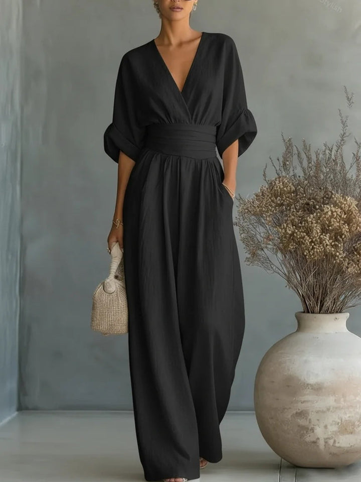 Linen Wide Leg Jumpsuit V-Neck Belted Waist Half Sleeve