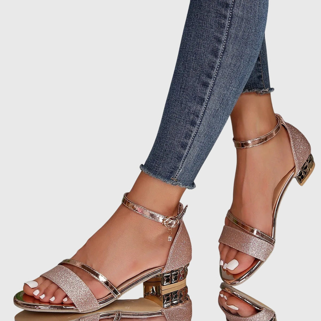 Women's Glitter Block Heel Sandals Ankle Strap Jeweled Heel