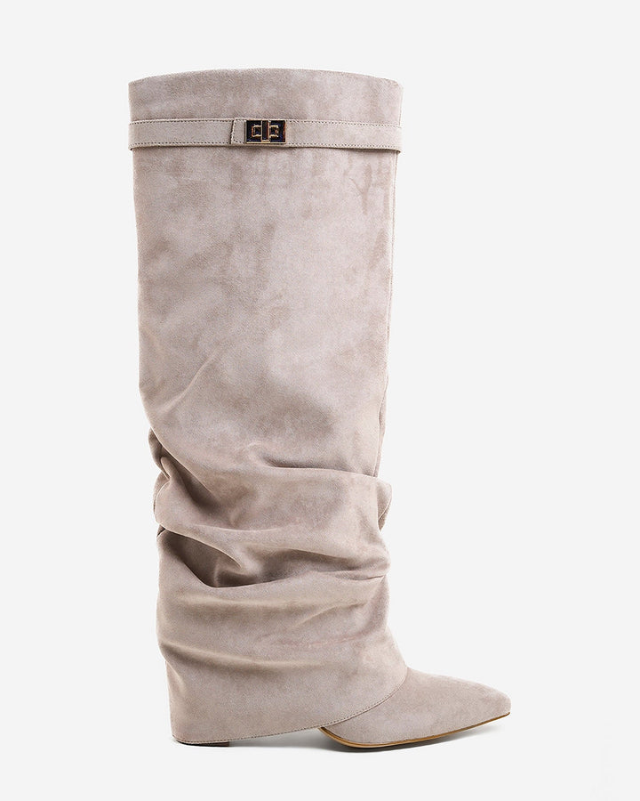 Women's Suede Slouchy Buckle Trim Knee High Boots